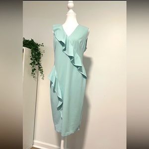Calvin Klein Sleeveless Aquamarine MIDI cascading Ruffle Sheath Crepe Dress